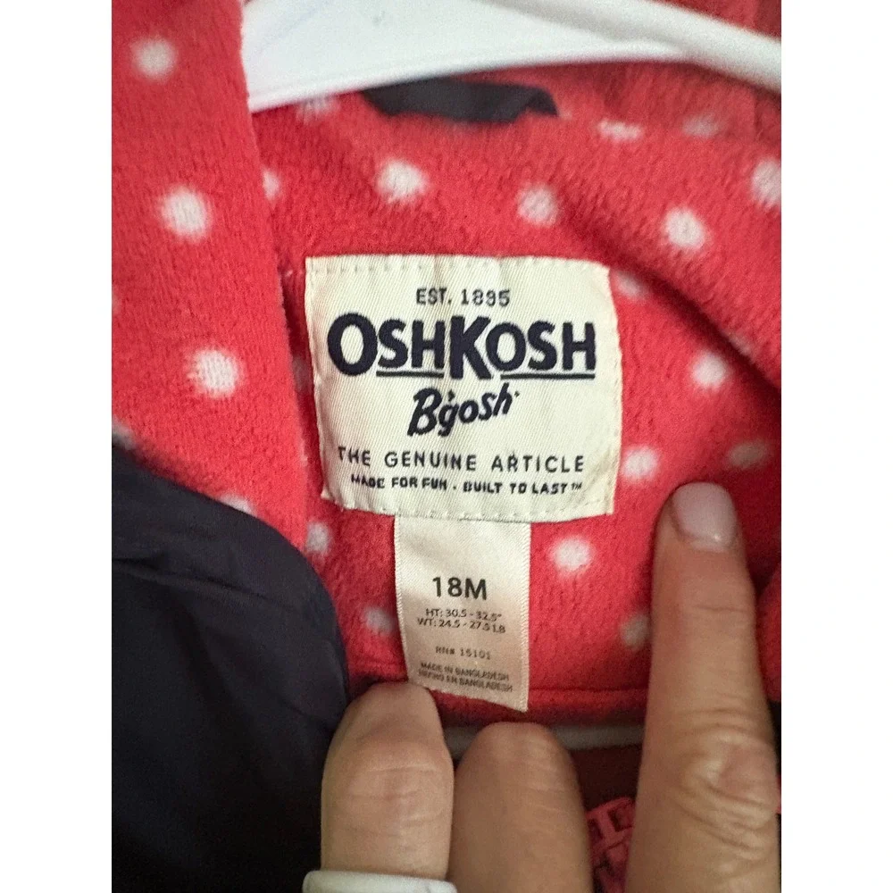 OshKosh Bgosh Girls Navy Blue Pink Polka Dot Fleece Lined Hooded Jacket 18M
